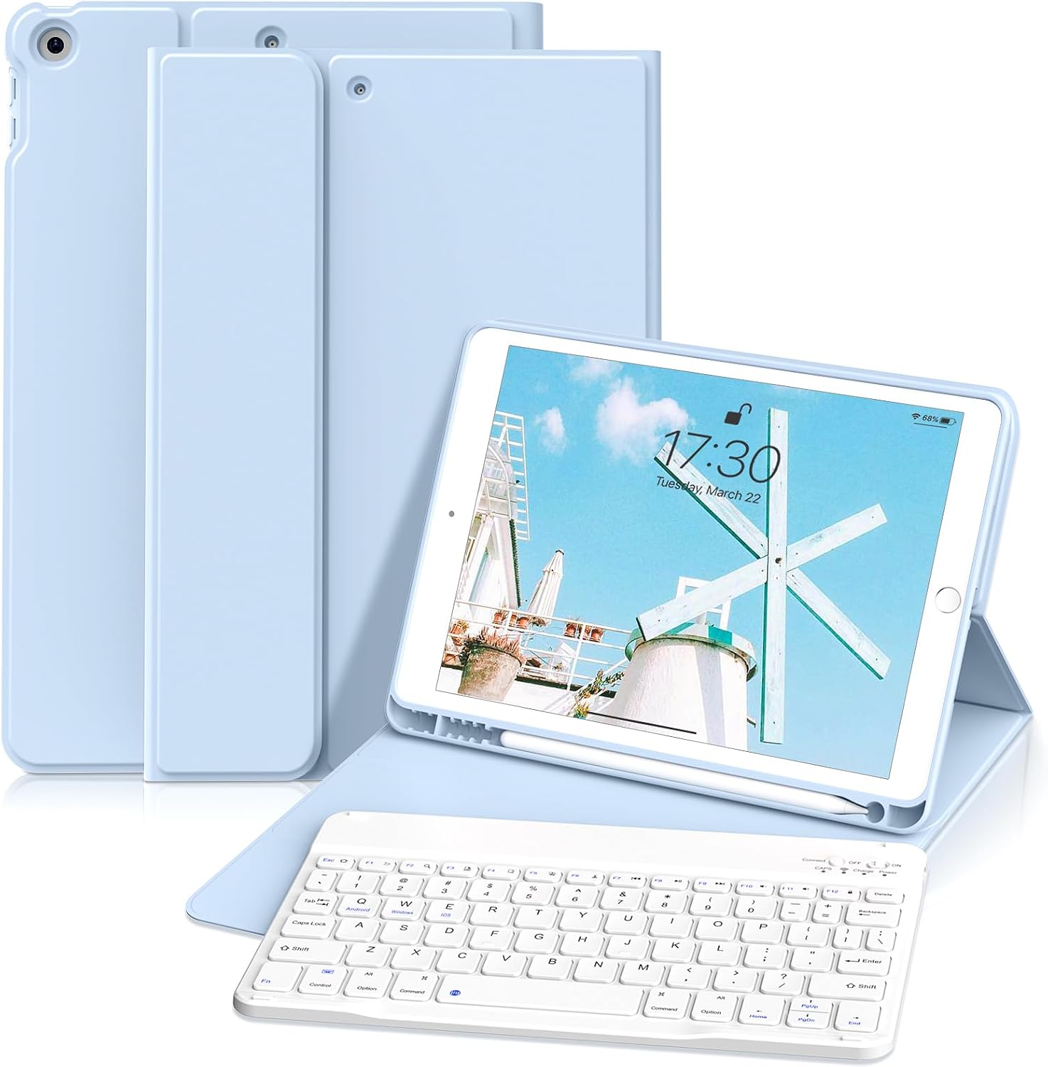 Keyboard Case for iPad 9th/8th/7th Generation (10.2 Inch, 2021/2020/2019), Smart Magnetic Detachable Wireless Bluetooth Keyboard, Folio Stand Cover with Pencil Holder, Sky Blue