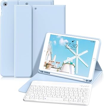 Keyboard Case for iPad 9th/8th/7th Generation 10.2 Inch, 2021/2020/2019, Smart Magnetic Detachable Wireless Bluetooth Keyboard, Folio Stand Cover with Pencil Holder, Sky Blue