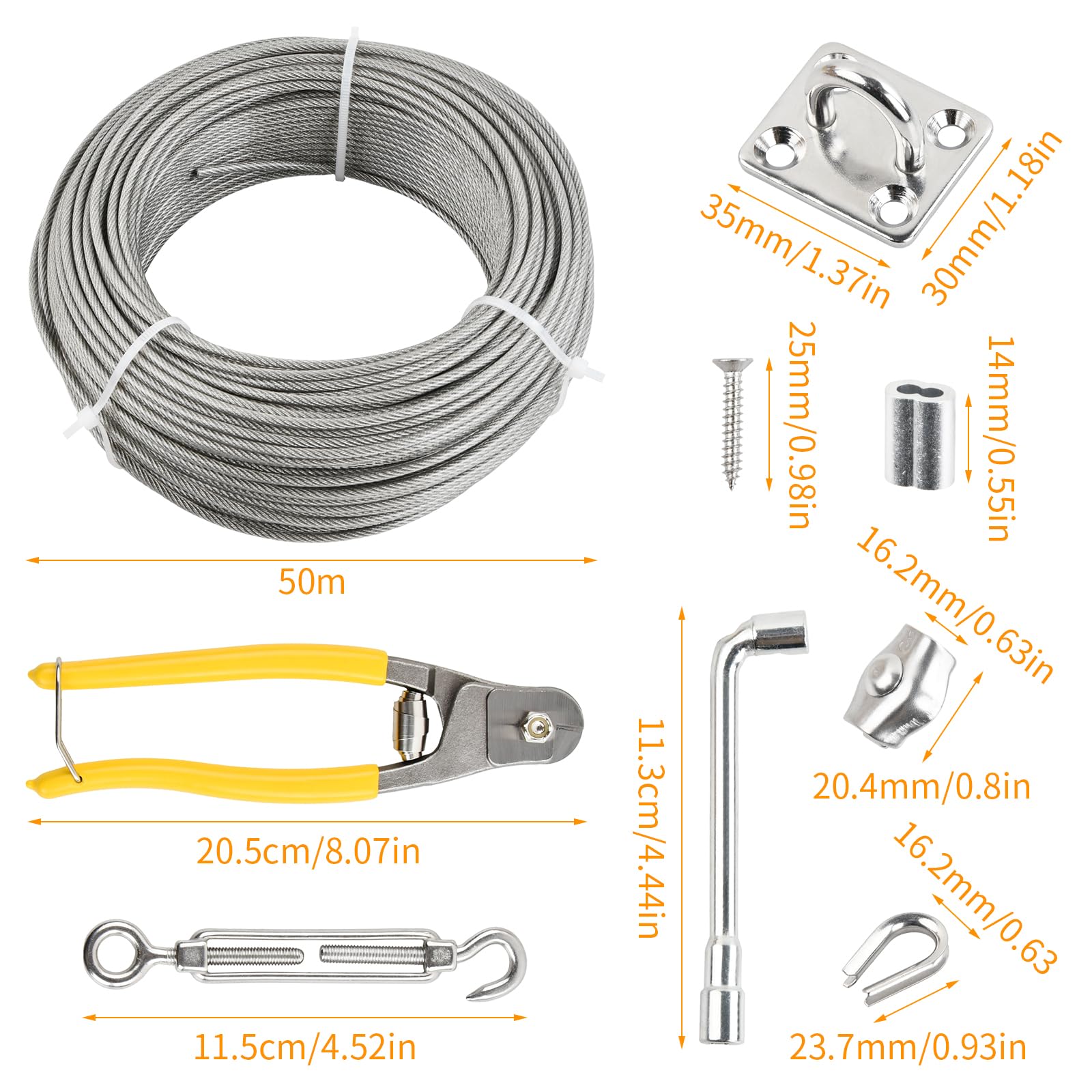 50m Cable Acier 3mm, Fil a Linge Extérieur, 67 Pcs Kit Cable Inox 7x7 PVC Gainé avec 4 Tendeur, 20 Boucles Sertissage, 10 Cosses Cable, 10 Serre Câbles Acier, 4 Crochets Muraux