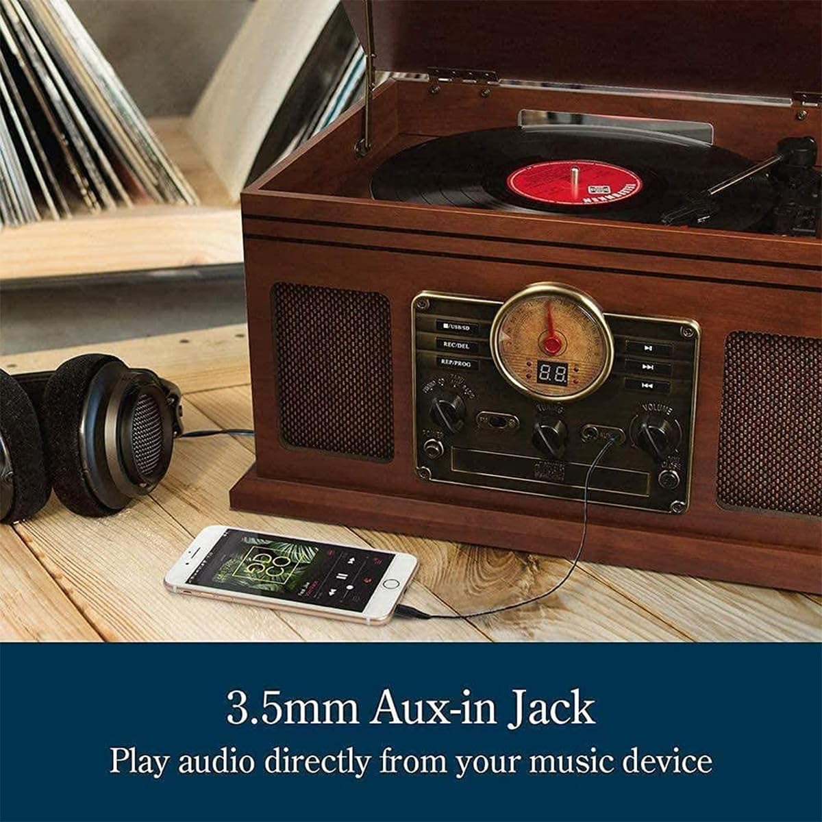 Vintage Giradischi Bluetooth Retro Stereo System con Dual Speakers, USB, AUX, FM/AM Radio, Classic Music CD Player per Audiofili