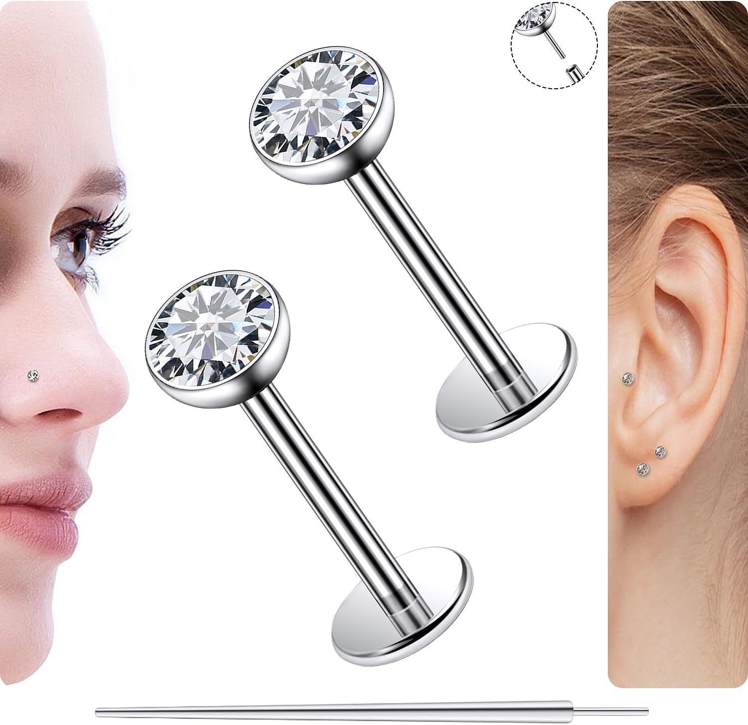 20G 18G 16G Titanium Flat Back Nose Stud Threadless Push in Earrings Tiny CZ Small Nose Rings Helix Cartilage Tragus Conch Lip Labret Medusa Monroe Piercing Jewelry for Women Men - Image 2