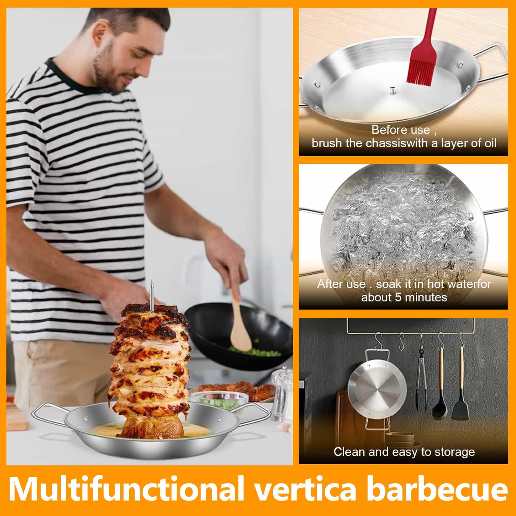 Vertical Meat Skewer Stainless Steel Vertical Skewer Grill Rack Stand with 2 Brushes and 3 Removable Sizes (8, 10, and 12-inch) - Image 4
