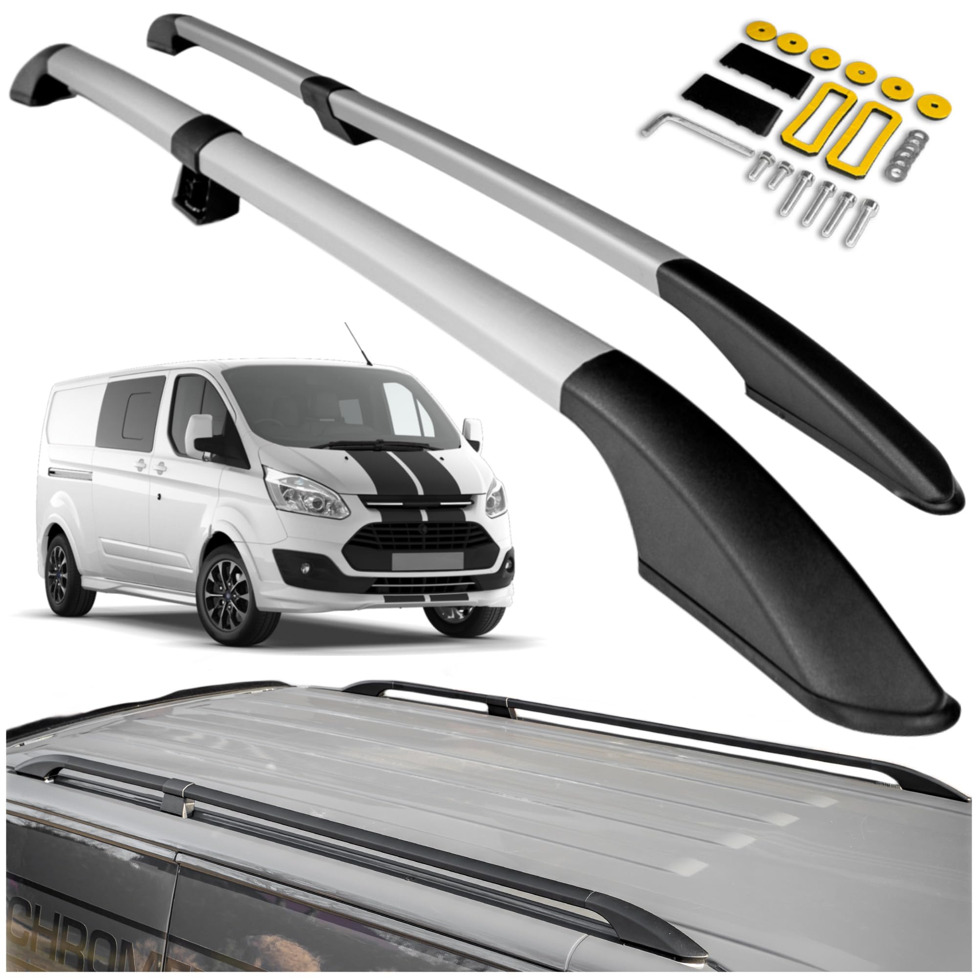 CHROMEMASTER | Compatibili con Ford Tourneo Custom Short 2013-2023 | Barre Trasversali da Tetto, Mancorrenti sul Tetto | Sono Utilizzate per il Montaggio di Portapacchi, Box da Tetto o Portabiciclette