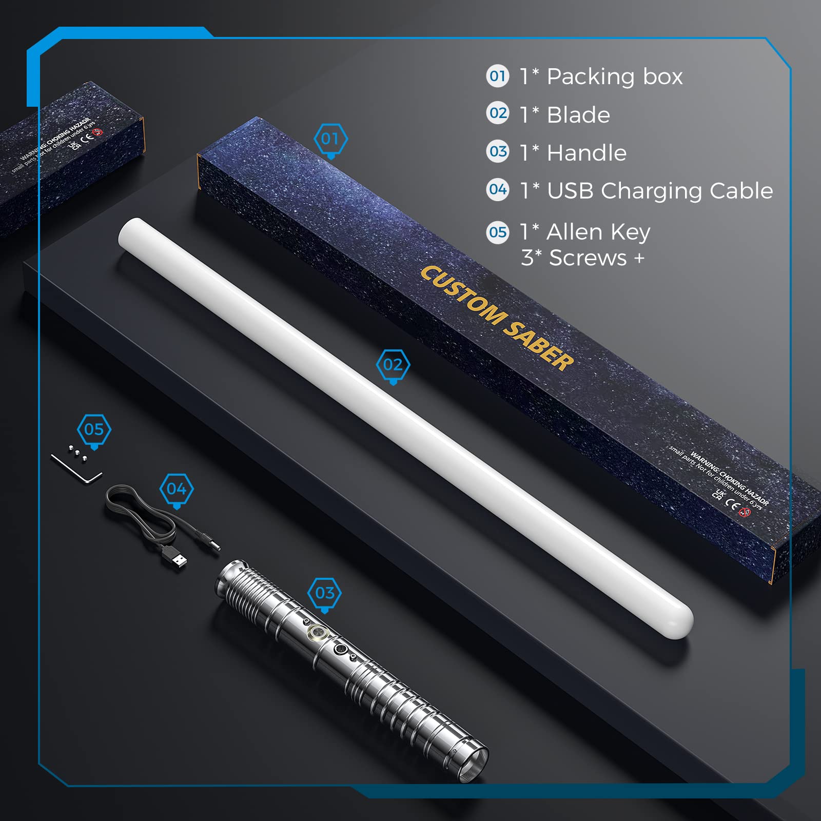 Sabre Laser RGB 7 Couleurs FX Sound Duel USB Rechargeable Métal Aluminium Argent Grip Cosplay