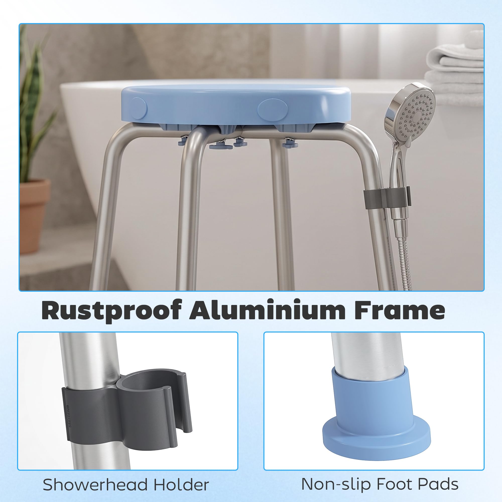 HOMCOM Silla Ducha Personas Mayores Giratorio 360° con Marco Aluminio | Taburete Ducha, Altura Regulable 5 Niveles, Antideslizante, Silla de Baño, Montaje Sin Herramientas, Carga 136 kg