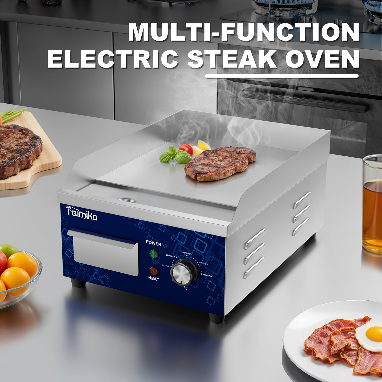 TAIMIKO Griglia elettrica liscia 1700 W Griglia elettrica in acciaio inox in ghisa Gastro Griddle Controllo preciso della temperatura