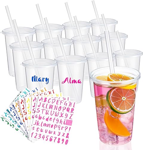 Miniatura 7 de Nuanchu 12 vasos a granel con tapa y pajita, vasos de plástico de 14 onzas para adultos, reutilizable, taza de café, juego de tazas de agua, taza de