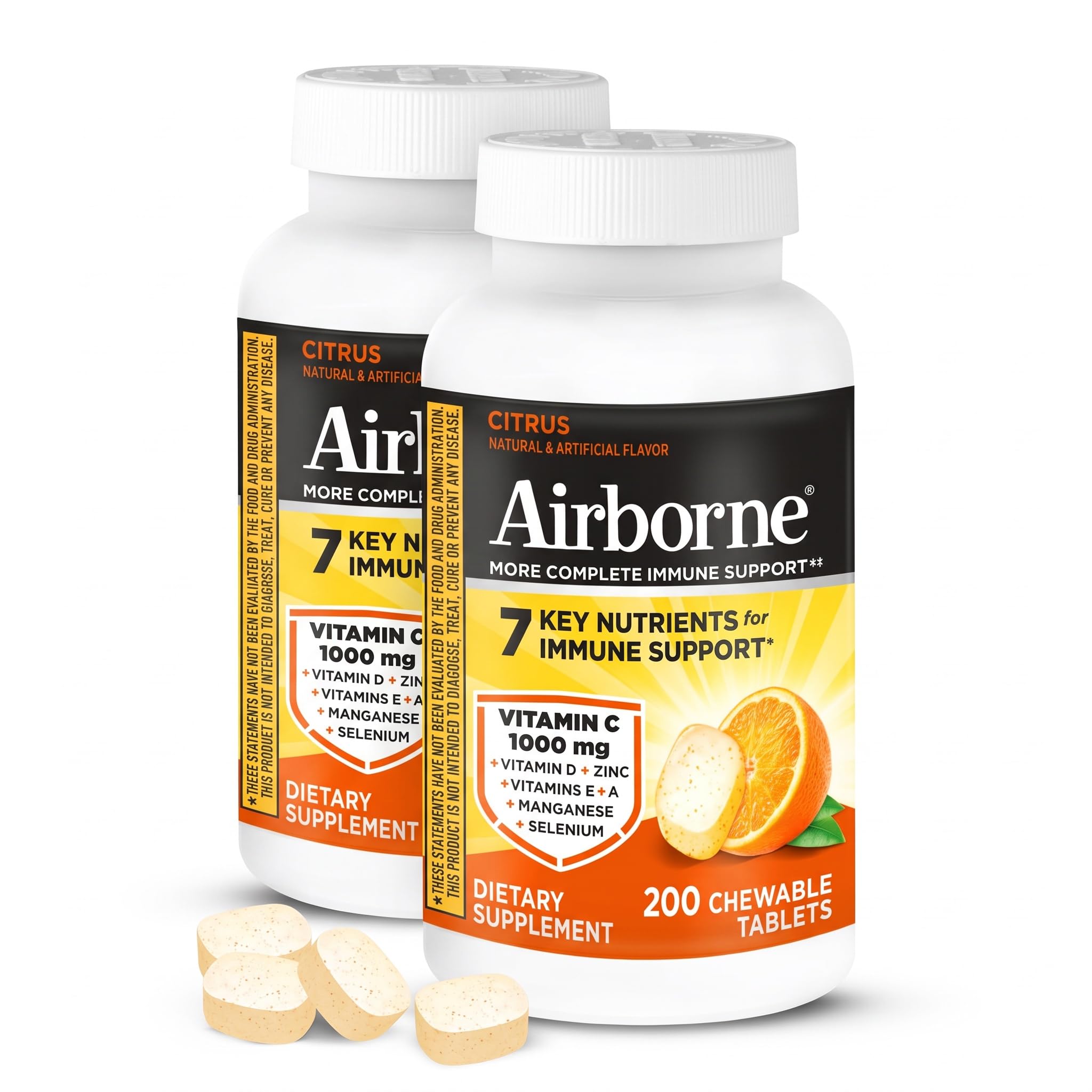 Airborne Citrus Chewable Tablets, 200ct | Immune Support Supplement with 1000mg Vitamin C + Vitamins A, D, E, Zinc, Selenium, &amp; Manganese | Herbal Blend | Gluten Free (Pack of 2)
