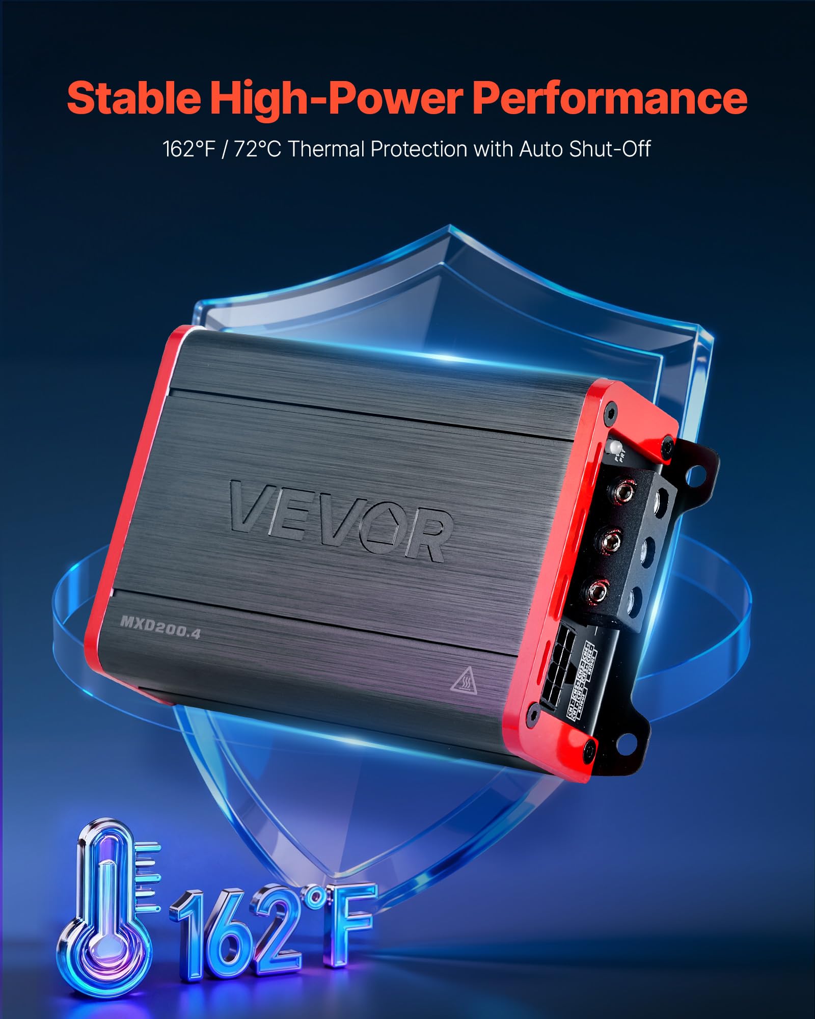 VEVOR Amplificador para Automóvil 4 Canales Puenteable Clase D, Máximo 4 x 120W a 4 ohmios y 4 x 200W a 2 ohmios, Amplificador Estéreo de Audio para Coche para Vehículo Todoterreno Camioneta SUV Sedán