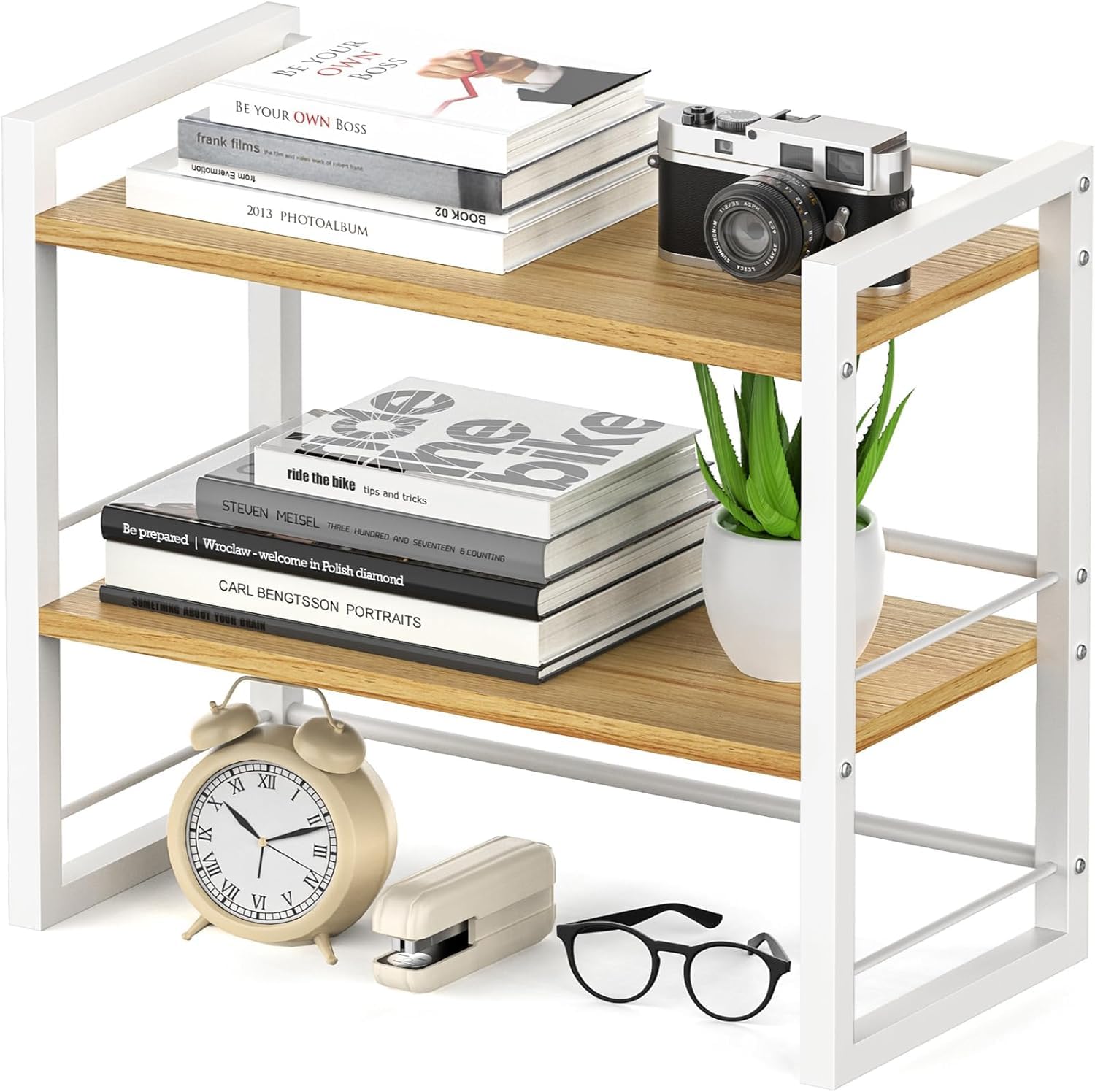 DoToGo Wood Office Desk Shelf Organizer - Desktop Supplies Cute Dresser Top Organization Storage Rack and Cubicle Decor Aesthetic Bookshelf for Women Man and Kids (White-wood, normal)