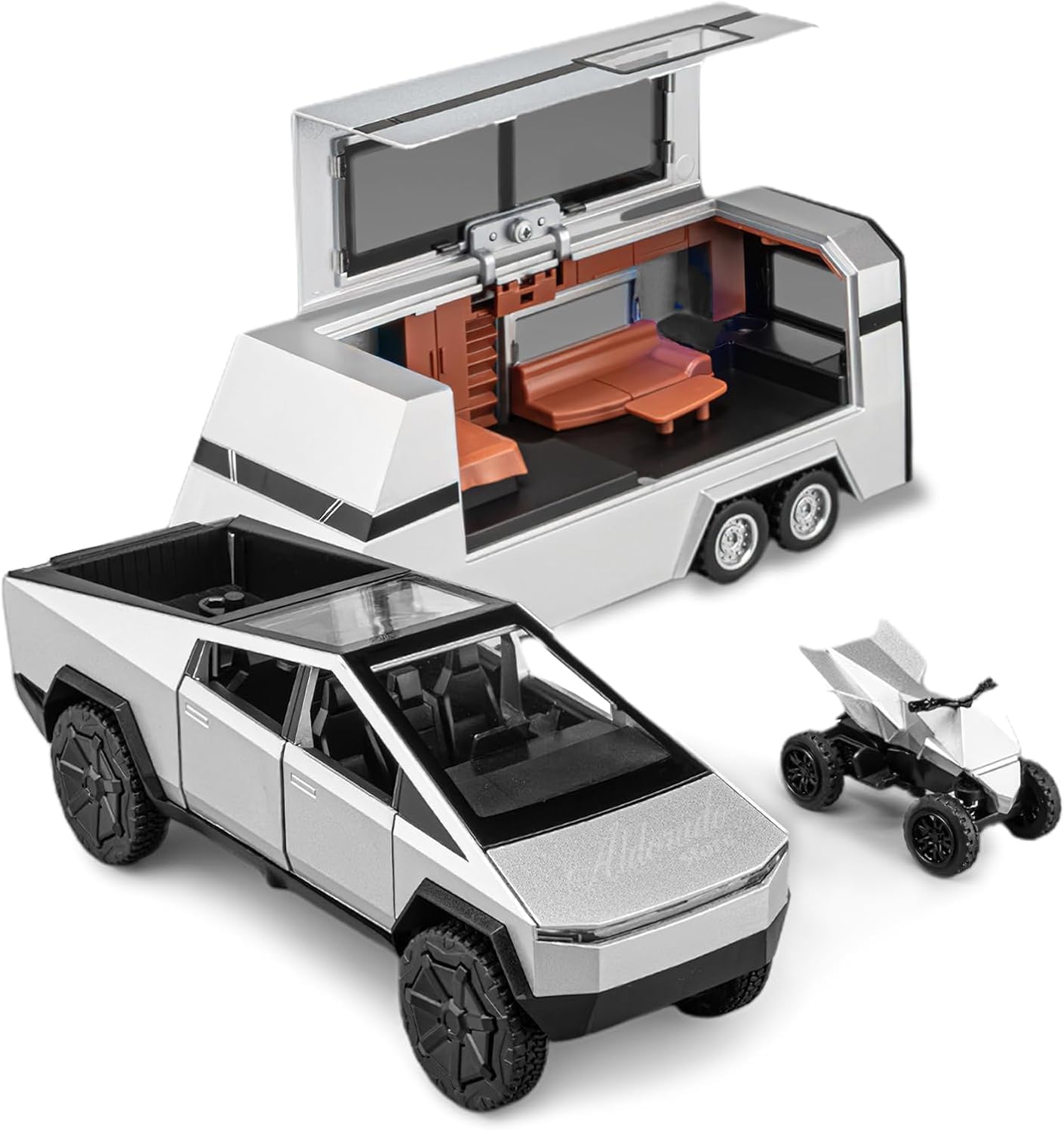 1:32 Tesla Cybertruck with Pickup Trailer Alloy Car Model Scale Diecast Metal Off-Road Vehicles Truck Model Sound and Light Kids (Colour As Per Stock)