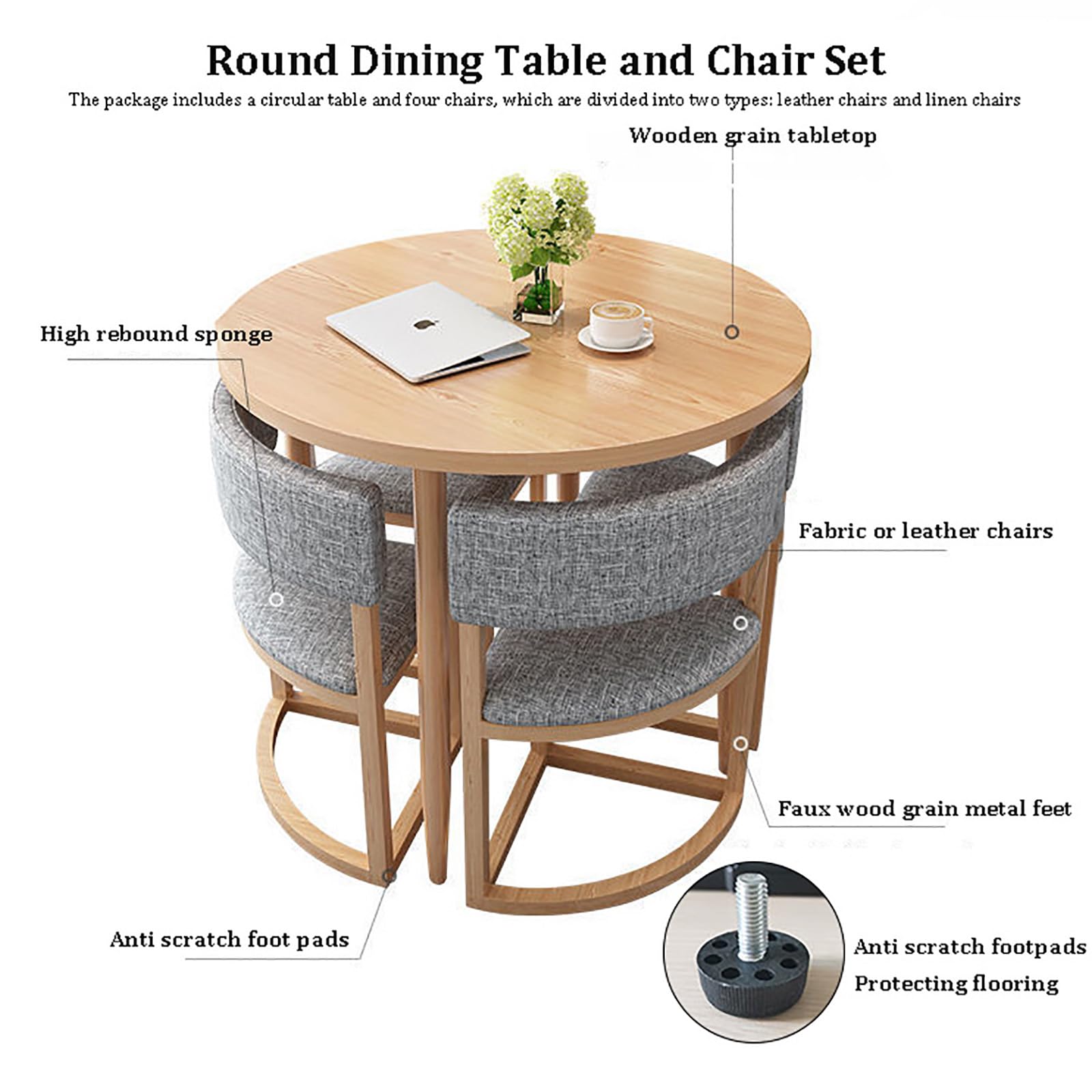 Juego de mesa de comedor redonda para 4 personas con 4 sillas, madera moderna, para cocina, sala de estar, pequeña oficina, recepción, mesa de centro negra