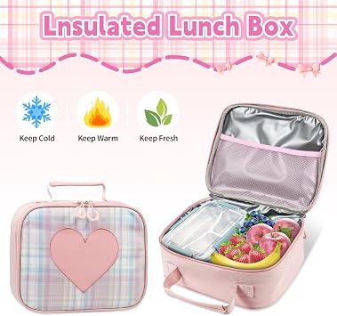 Cute Backpack for Girls, 5 Pack Kawaii Pink Backpack with Lunch Box Set | Aesthetic School Bookbag for Kids Teen Elementary