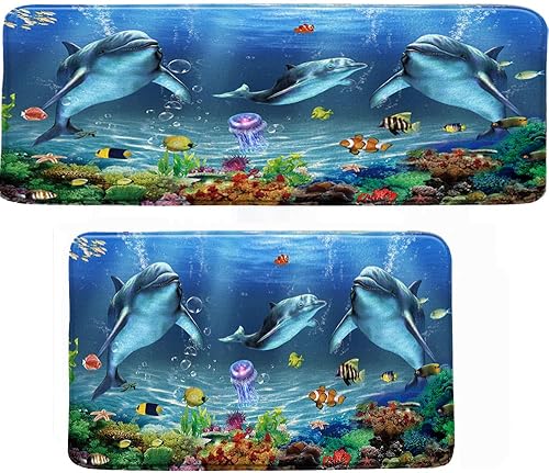 Miniatura 2 de Tapete de baño de dibujos animados de delfín azul para niños vida marina dibujos animados océano ballena verano animales marinos paisaje peces