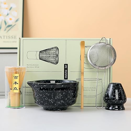 Juego de ceremonia de té matcha japonés, tazón de cerámica con puntos negros, soporte para batidor de bambú, soporte para colador, caja de regalo