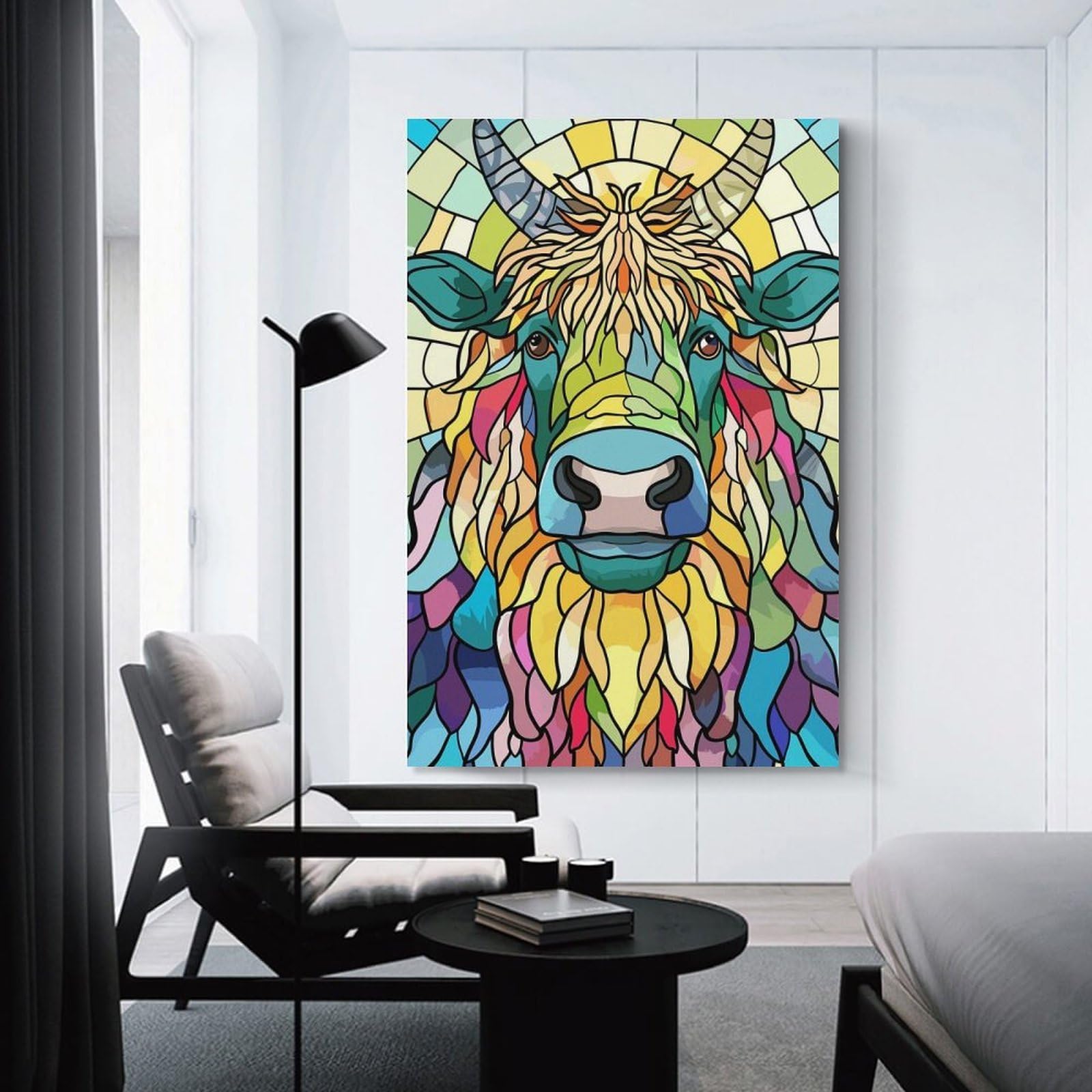 Junmoney Stained Glass Highland Cow Canvas Wall Picture, 24x36inch(60x90cm), for Wall Displays, Bedrooms Or Room Updates, Wall Decor Suited to Curated Displays