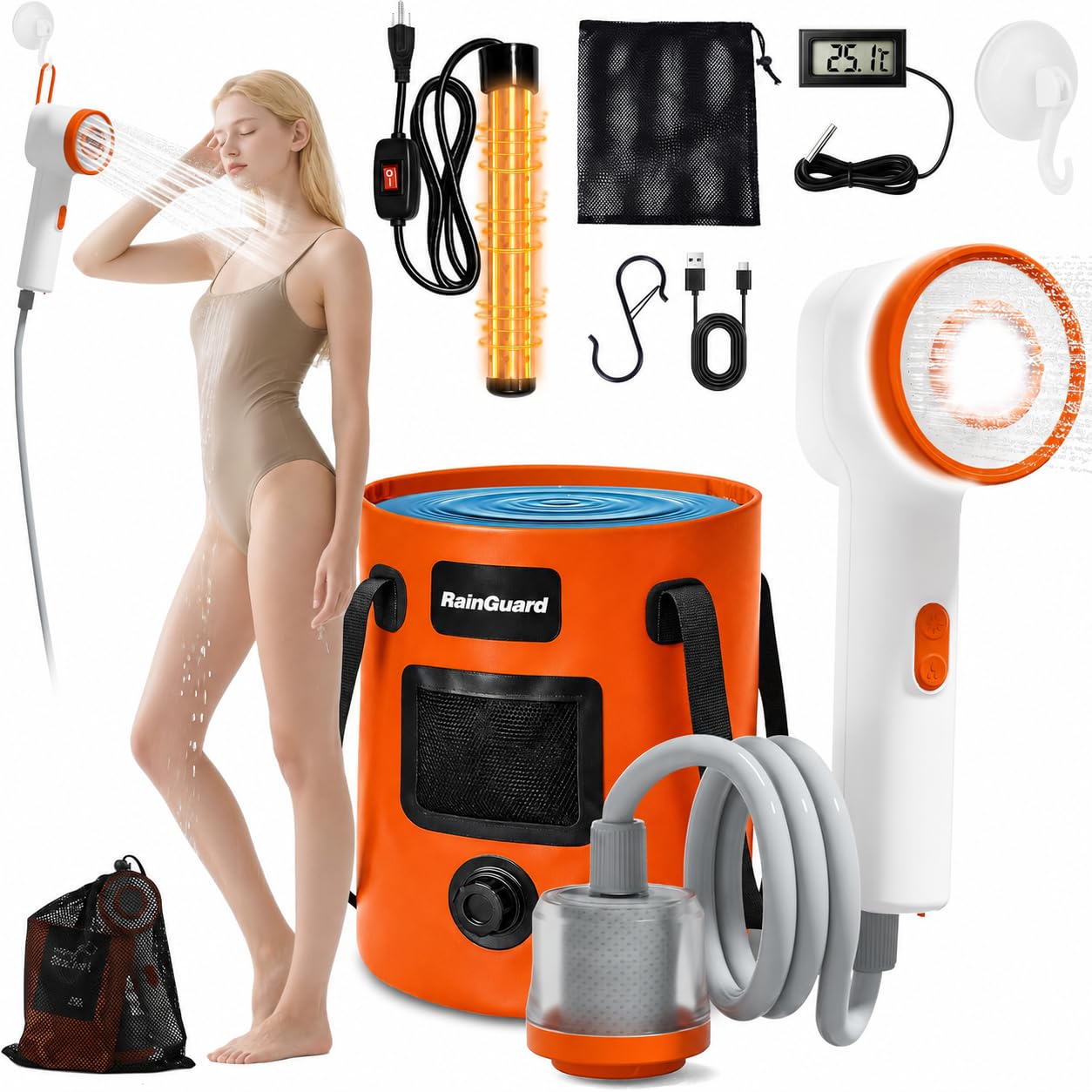 Douche de camping avec chauffage (orange)