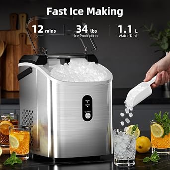 Nugget Ice Maker Machine with Self-Cleaning, 16KG/24H, Portable Countertop Ice Cube Maker with Handle, Basket & Scoop – Ideal for Home, Kitchen, Office, Camping,Stainless Steel,Silver