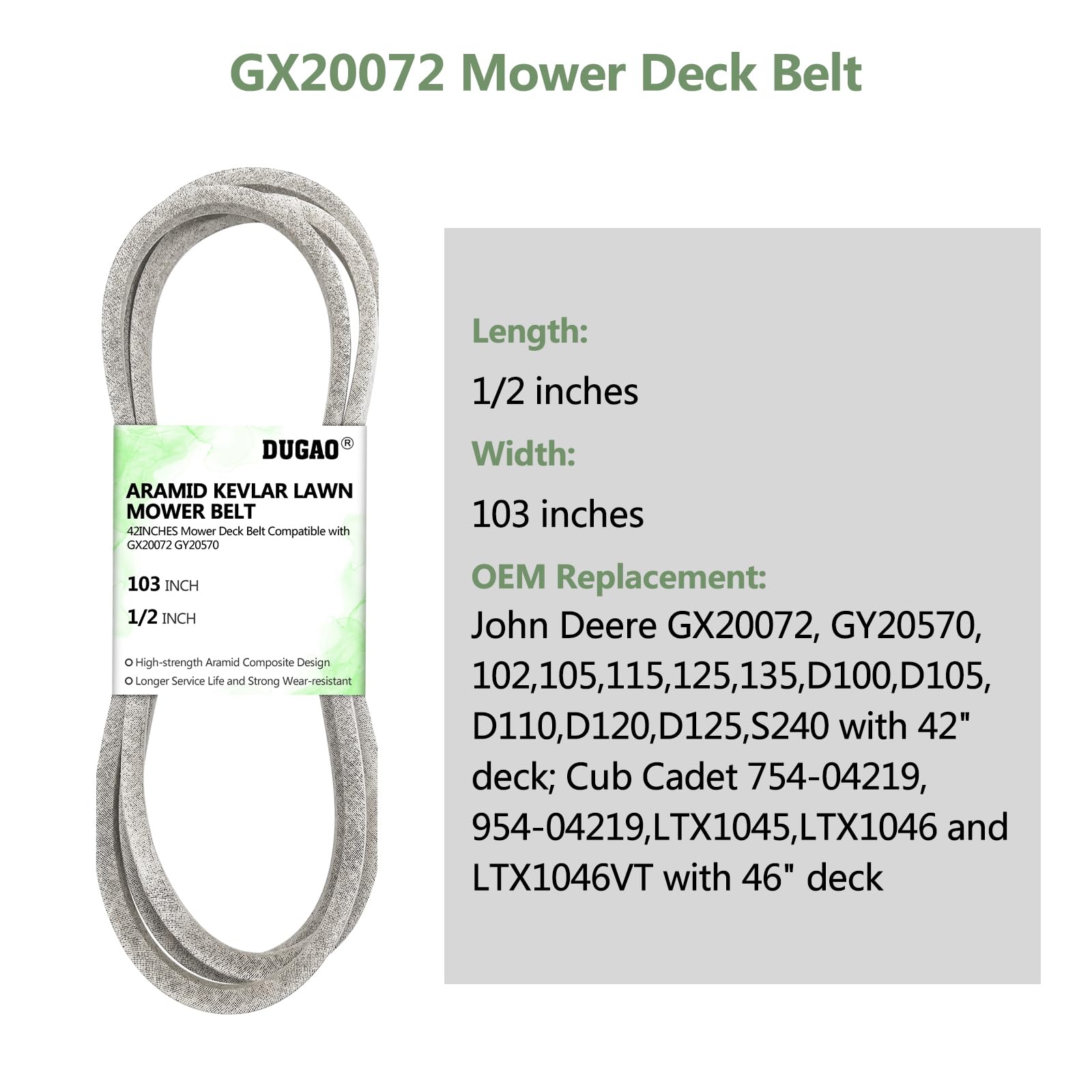 Correa de cubierta para cortacésped GX20072 de 103 pulgadas para Jo hn Deere GY20570 D100 D105 D110 D120 D125 D130 X110 X125 LA105 E100 E1110 0 E12. 0 cables de Kevlar