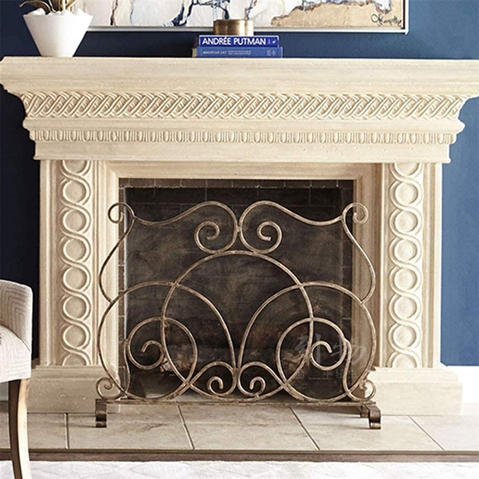 Protection de cheminée avec Motif à défilement, Grand Cadre en Fer forgé à Panneau Unique doré avec Maille pour feu Ouvert/Feux à gaz/poêle à Bois The New