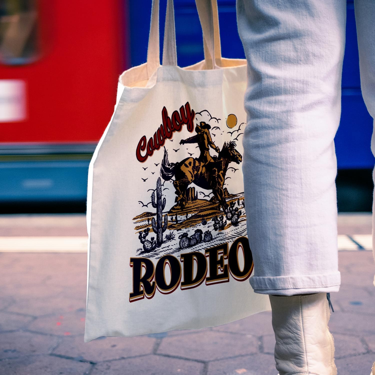 Western Cowboy Tote Bag - Retro Western Rodeo Cowboy Canvas Tote Bag, Vintage Western Cowboys Cowgirl Gifts for Women Men - Image 3