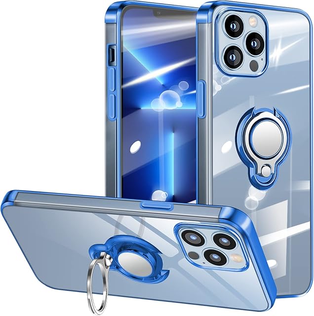 kadixini Crystal Clear Case Compatible with iPhone 13 Pro 6.1 inch with Ring Holder Kickstand Transparent Slim Soft TPU Silicone Bumper Shockproof Drop Protective Cover for iPhone 13 Pro - Blue