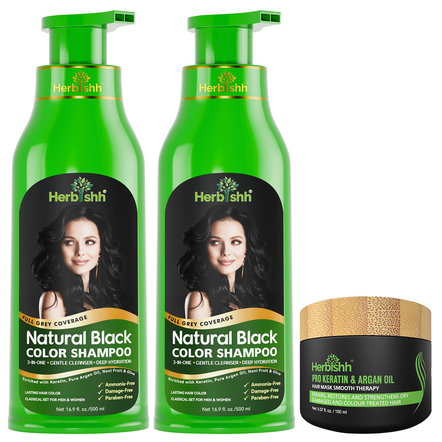 Herbishh Ammonia-Free Hair Colour Shampoo for Grey Hair, Black, 500 ml Pack of 2 with Argan Intense Hair Mask 150 g | 3-in-1 Hair Dye Shampoo Colours, Cleanses & Conditions, Long-Lasting Colour