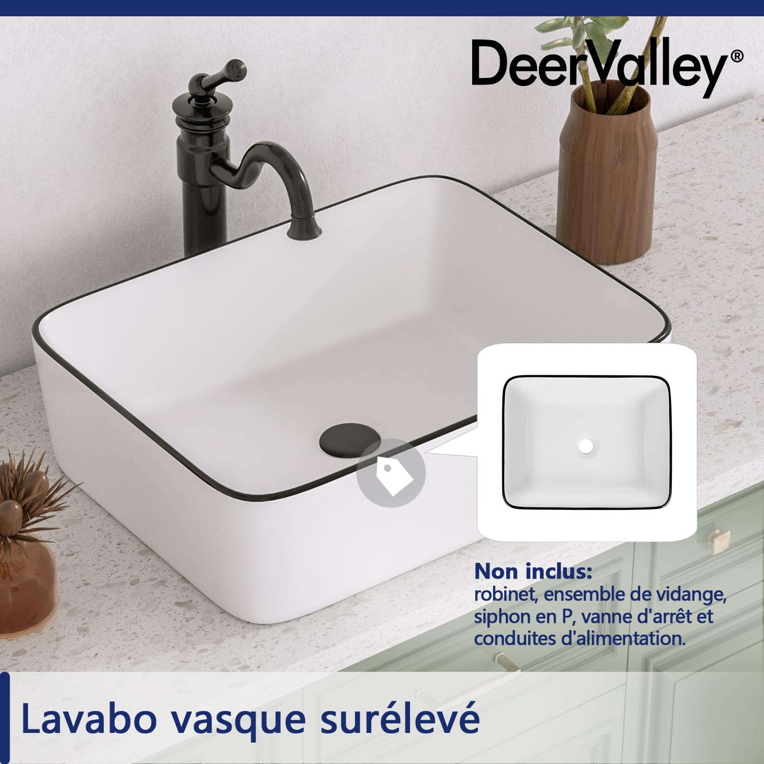 Vasque à Poser Salle de Bain DeerValley Rectangulaire Au-dessus du Comptoir Corps, Vasque a Poser Salle de Bain, Blanc Bordure Noire Lavabo Salle de Bain 475mm*375mm