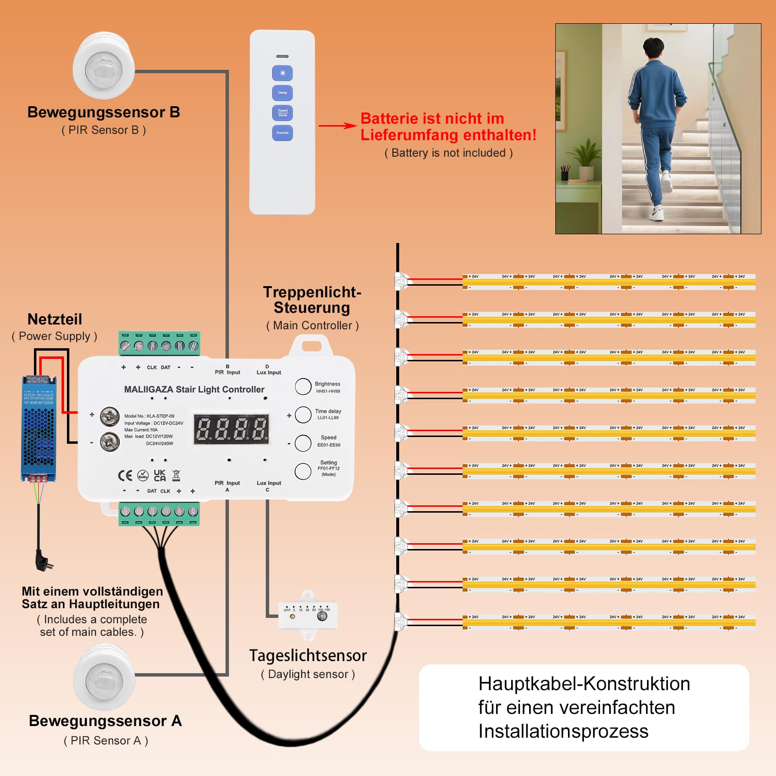 Éclairage intelligent pour escalier intérieur, 16 marches, LED COB 6000K blanc froid, éclairage progressif, système modulaire sécurisé avec télécommande