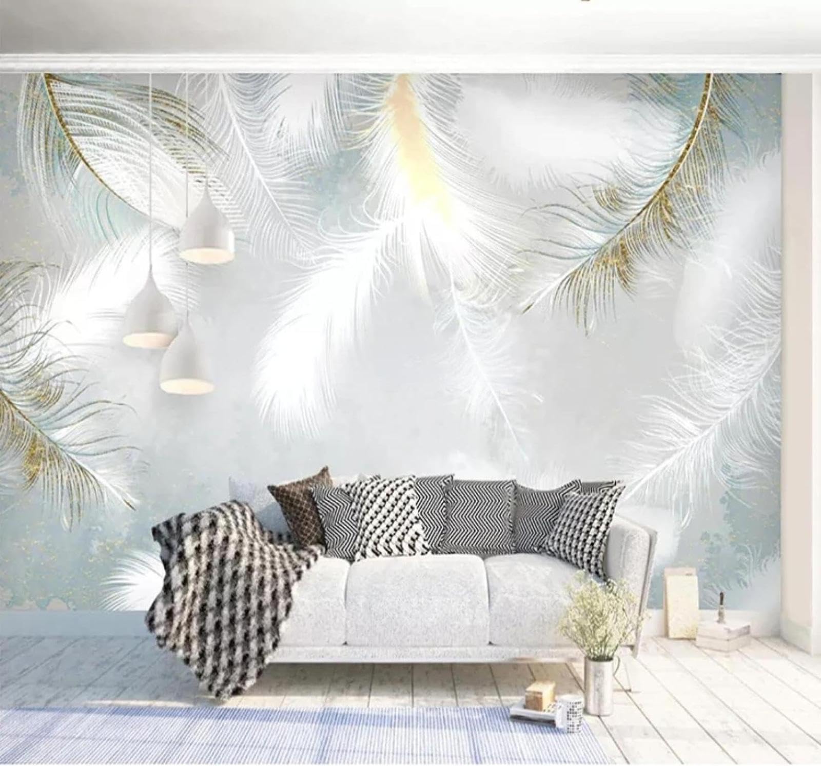 Tzxztt Romantic White Feathers Relief Three Dimensional Modern 3D Wallpaper Premium Textured Silk Neutral Tones Material Ideal for Living Room Bedroom-400cm×280cm