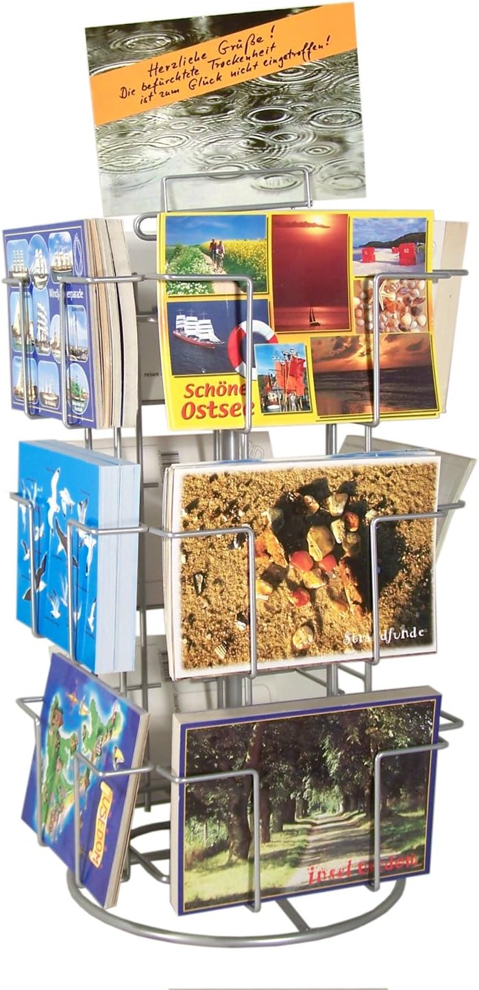 Postcard Stand for Postcards with 12 compartments rotatable Silver Counter Stand