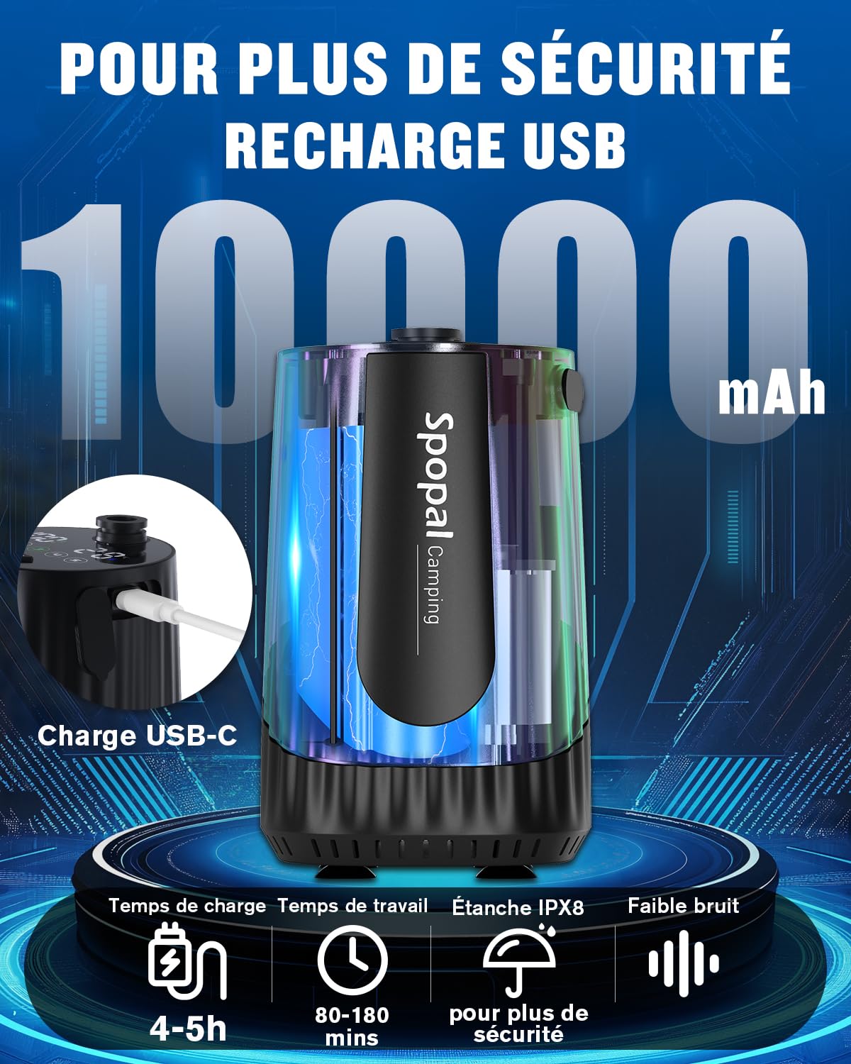 Spopal Douche Portable,[20L&IPX8 Étanche] Kit Douche Camping,avec Seau,Robuste,Durable,10000mAh,Charge Type-C,5 Vitesses,Écran Intelligent,pour Bain des Animaux,Camping et Voyages