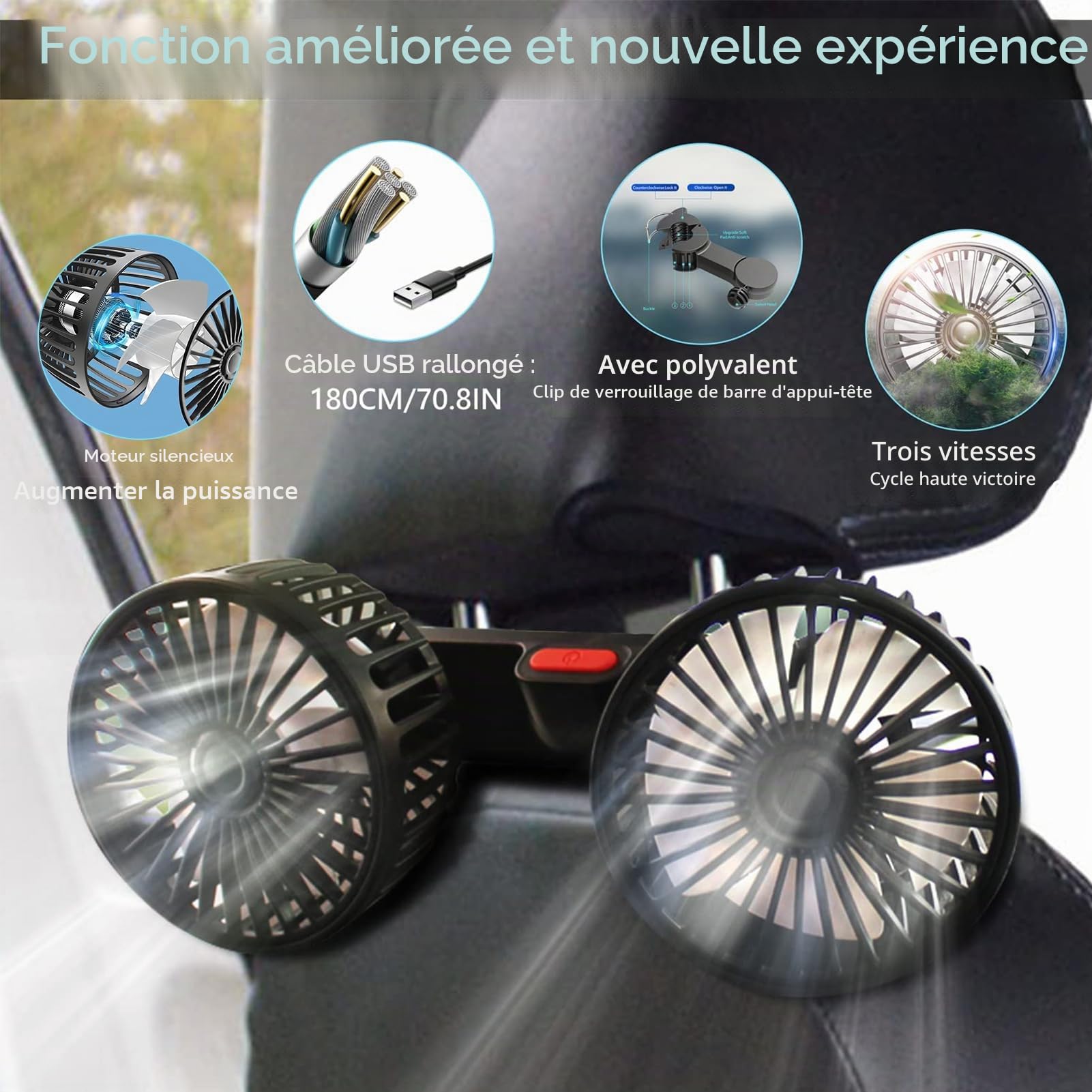Ventilateur de voiture double tête portable rotation 360° USB 5 V 3 vitesses