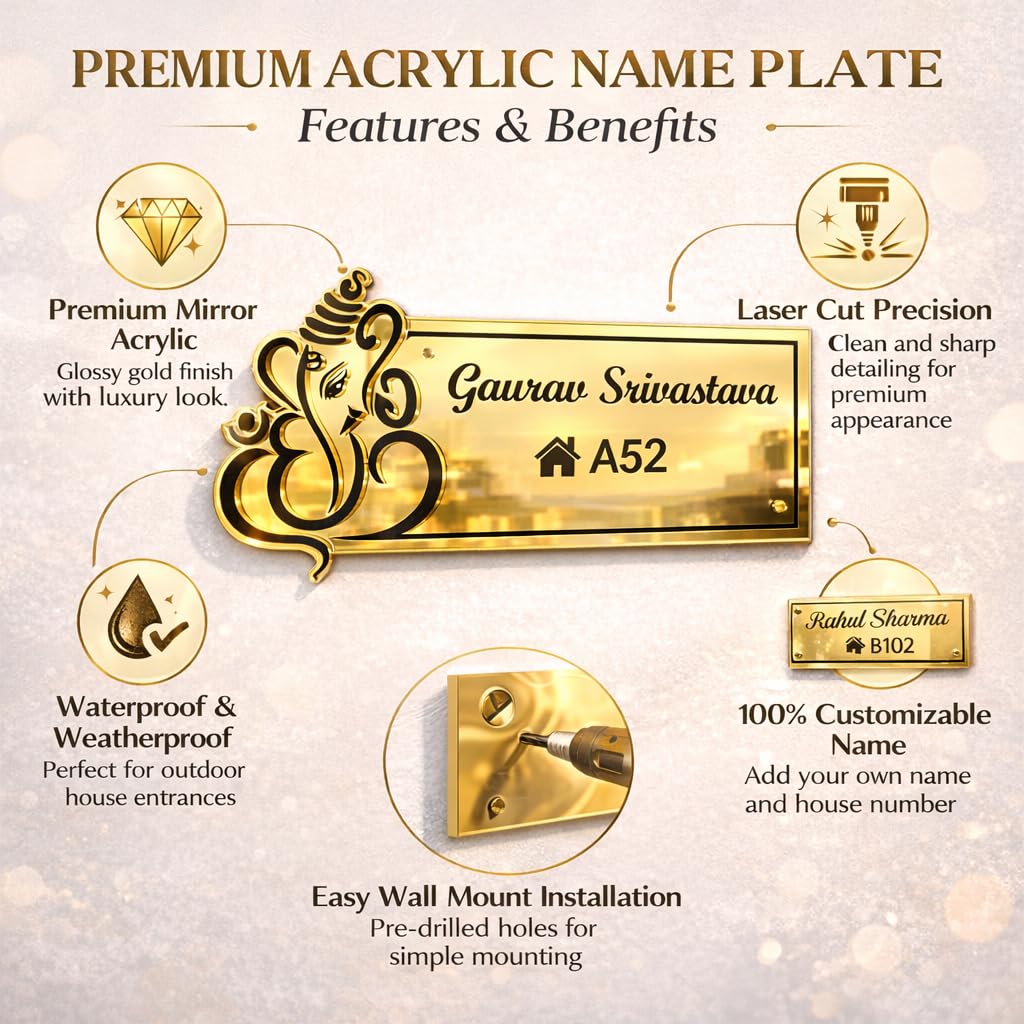 Custom Golden Acrylic Name Plate with Ganesha | Personalized House Nameplate with Name & Flat Number | Premium Door Wall Name Sign for Home Entrance 6 x 12 inch (Golden Mirror & Black) — Amazon image 2