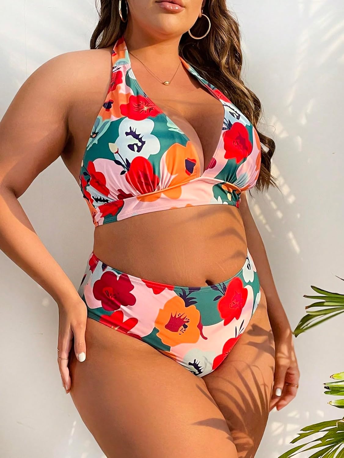 Plus Size Swimwear for Women Floral Halter Bikini Set with High Waist Bottom & Skirted Cover Up Tummy Control Swimsuit