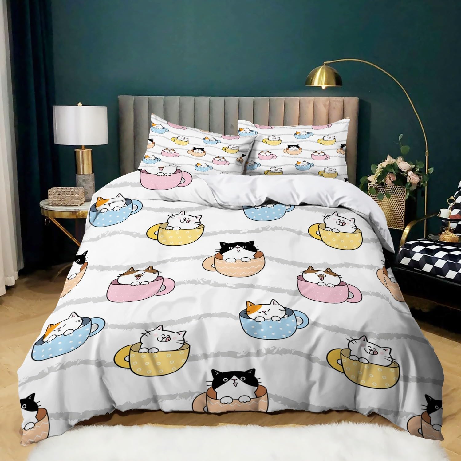 Housse de couette chat 240x260 parure de lit 3D dessin animé avec 2 taies 65x65