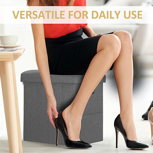 Miniatura 7 de Otomana alta con tela plegable de almacenamiento, muebles otomanos pequeños y plegables con asas, tapa para reposapiés, taburete de lino gris 16.5 x