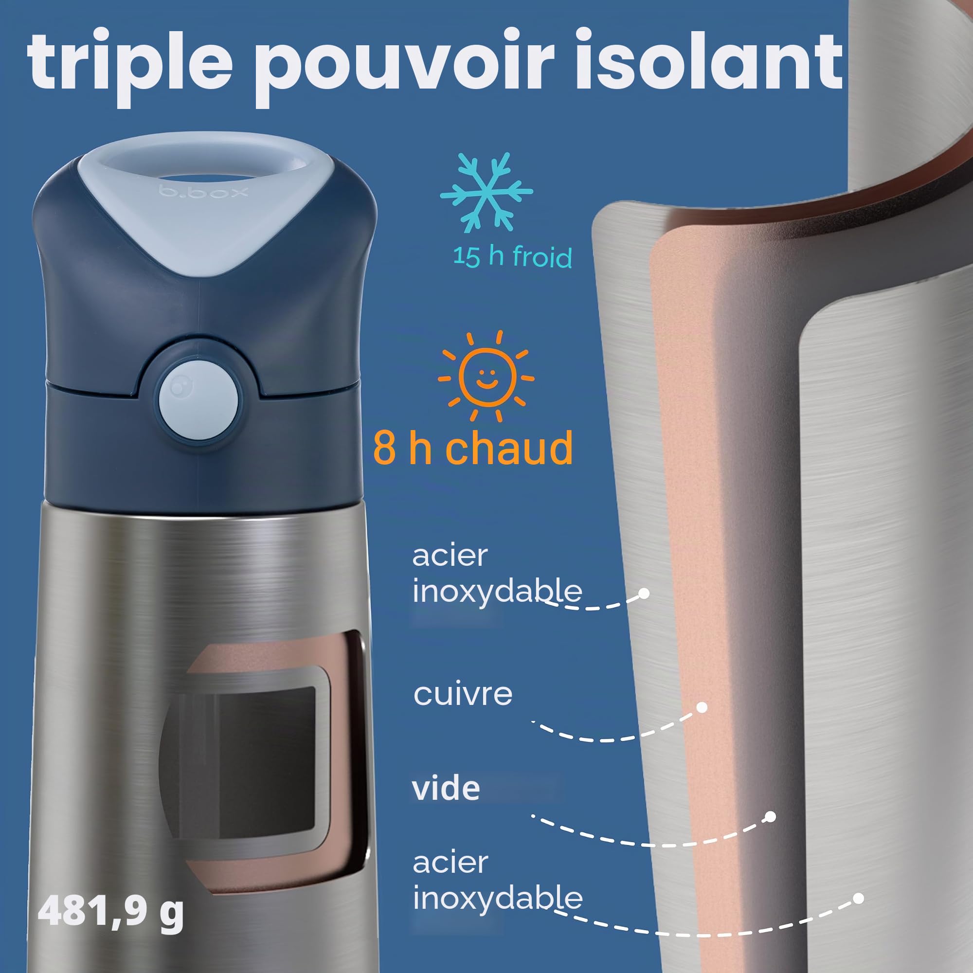 b.box Gourde Isotherme | Acier Inoxydable à Double Paroi | Garde les Boissons Froides Jusqu'à 15 Heures, Chaudes Jusqu'à 8 Heures | 500 ml