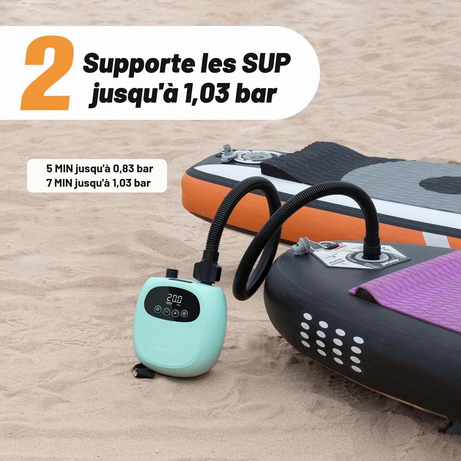 dwndpump Pompe à air Sup 20PSI, Pompe électrique Sup pour gonfler et dégonfler, Pompe Rechargeable pour Planche à pagaie Gonflable, Pompe électrique Portable pour Sup, Kayaks, Ailes à Vent
