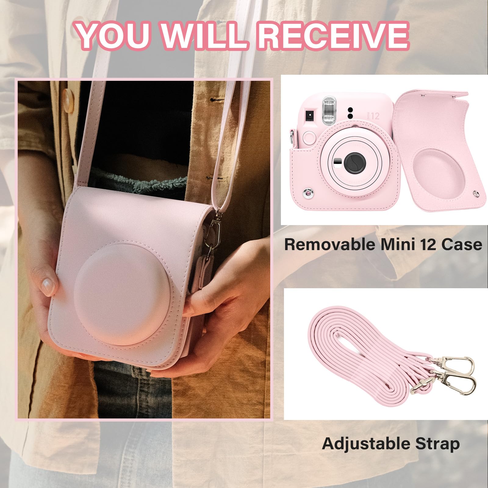 Rieibi custodia per fotocamera compatibile con Fuji Instax Mini 12, tracolla inclusa, rosa