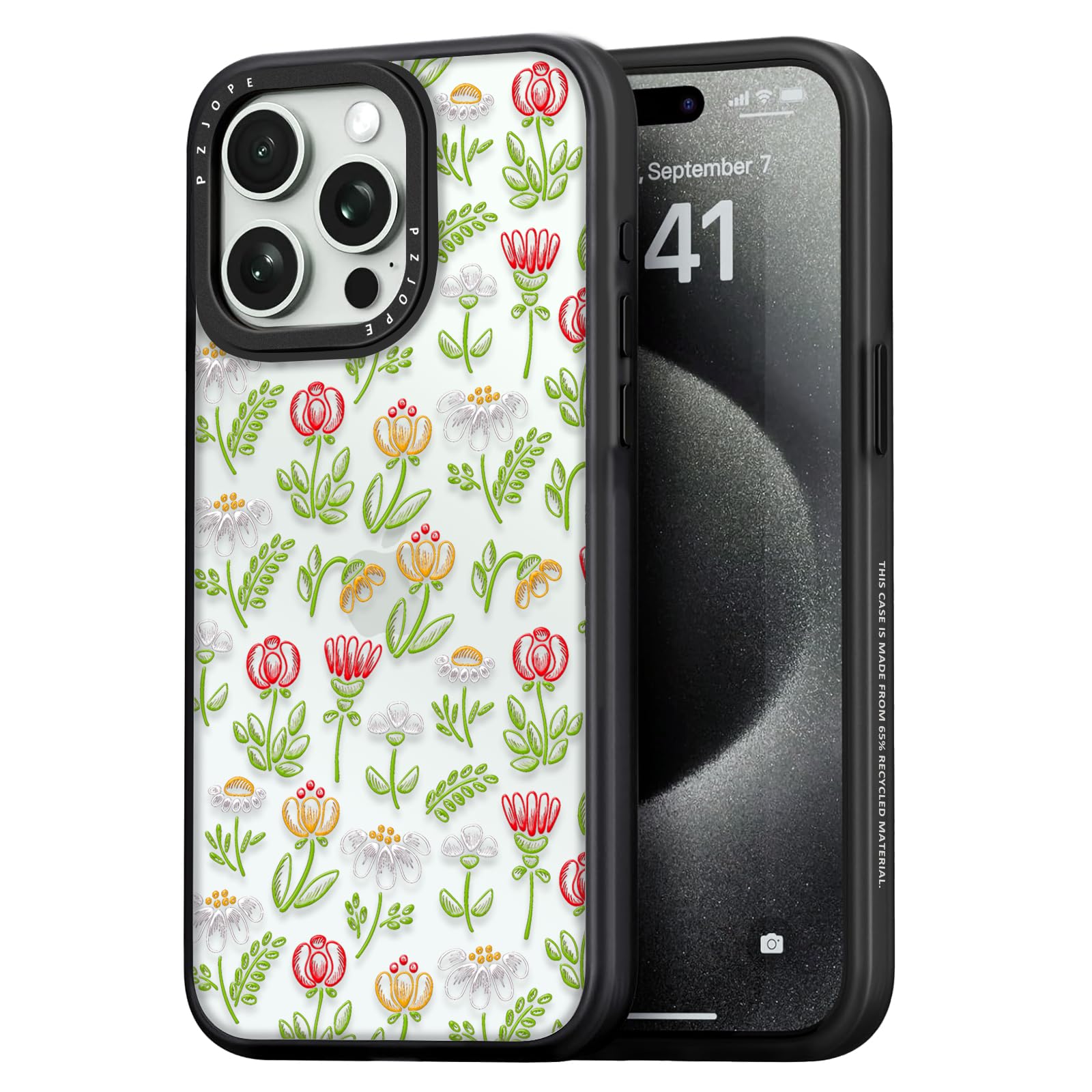 Coque iPhone 15 Pro Max transparente ne jaunit pas dos rigide motif fleurs