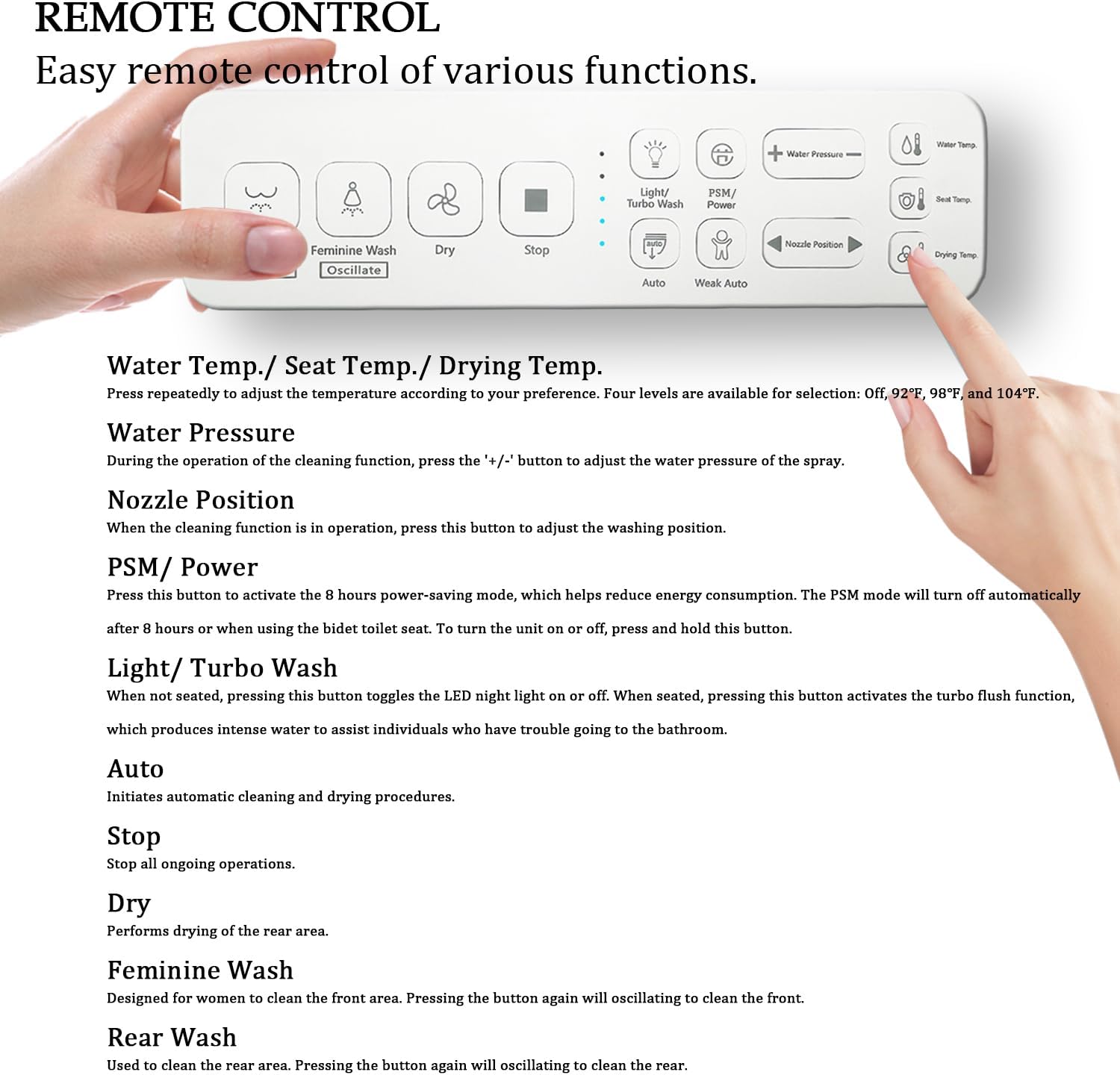 Electric Bidet Toilet Seat with Remote Control, Heated Toilet Seat, Instant Warm Water, Warm Air Dryer, Rear Feminine and Oscillating Washing, Night Light, Slow Close Lid, LED Display - Elongated - Image 7