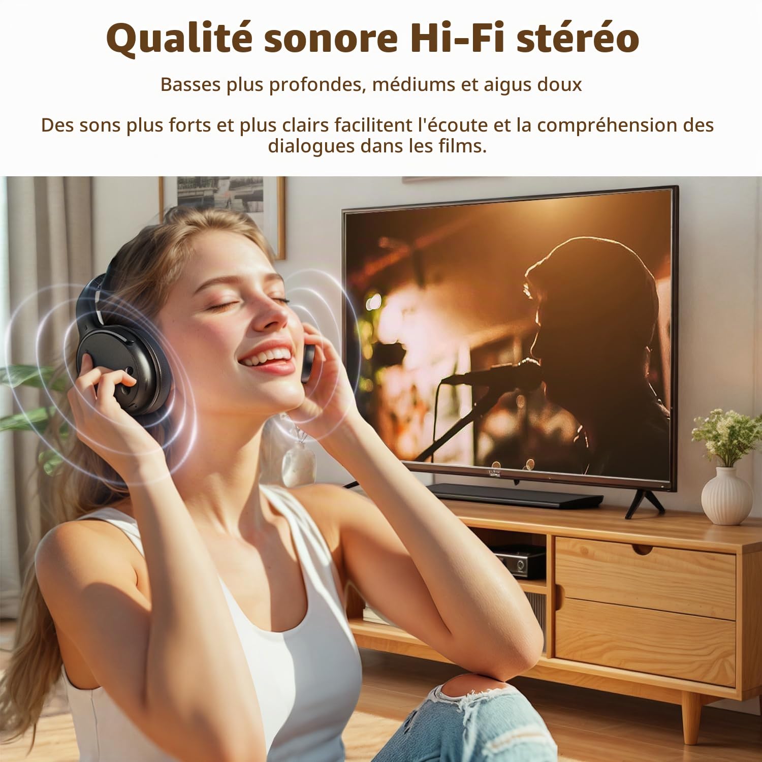 Holdsound Casque TV sans Fil avec Émetteur USB Câble Extension, Plug & Play, Son Net, Dialogues Clairs, 50m Portée sans Fil, Cuir Protéiné Mousse Mémoire, 25H d'Autonomie, pour Séniors