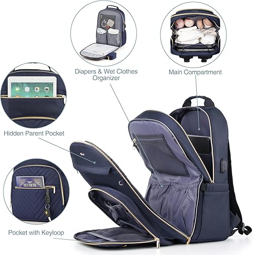 Miniatura 3 de MOMUVO Mochila para pañales, bolsa de bebé acolchada con cambiador y correas para cochecito, Azul, Moderno