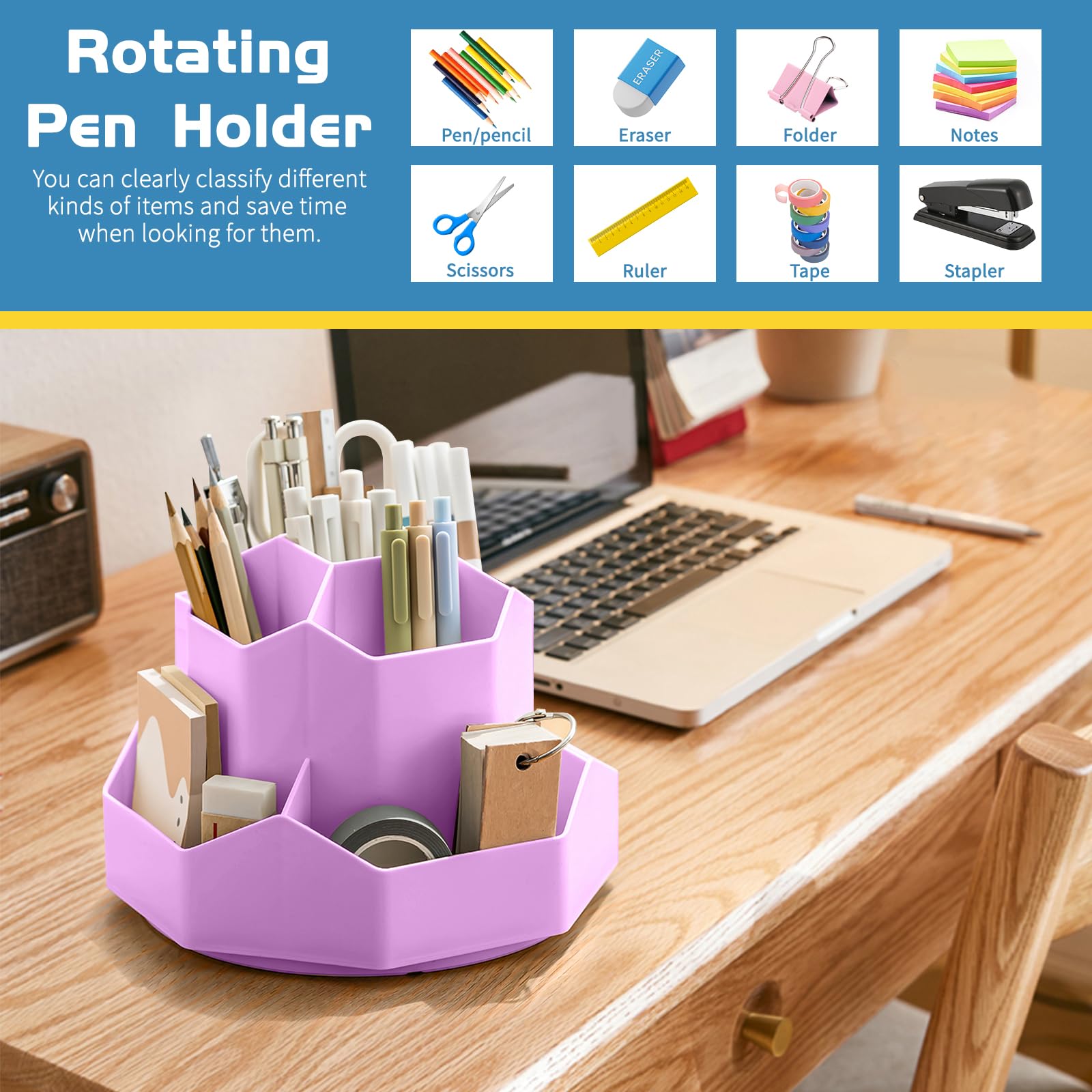 Ceysin Desk Organiser, 360 Degree Rotating Pen Pencil Holder with 9 Compartments - Image 2