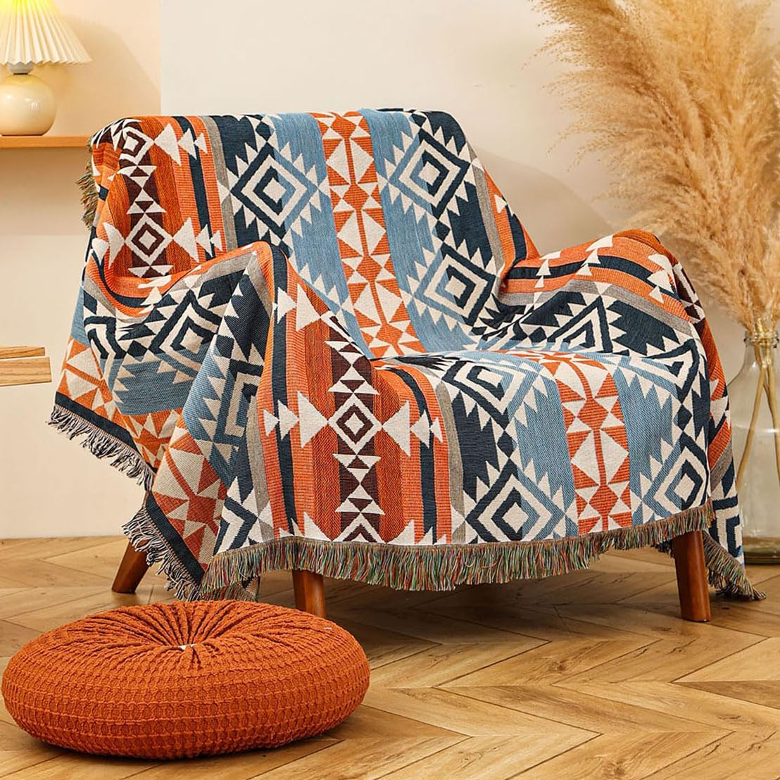 Aztec Patterned Throw Blanket Boho Soft Sherpa Traditional Southwestern Navajo Tribal Style Warm Throw for Camping Outdoor Light Weight Cozy Bohemia Blanket for Couch Sofa Bed 63”x86” Rust Blue