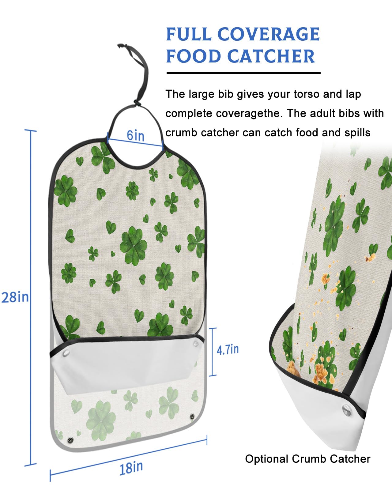 St. Patrick's Day Adult Bibs for Eating, Waterproof Bibs with Food Catcher & Adjustable Snap Closure, Lucky Green Clover Linen Texture Washable Clothing Protectors Adult Bibs for Elderly Women/Men