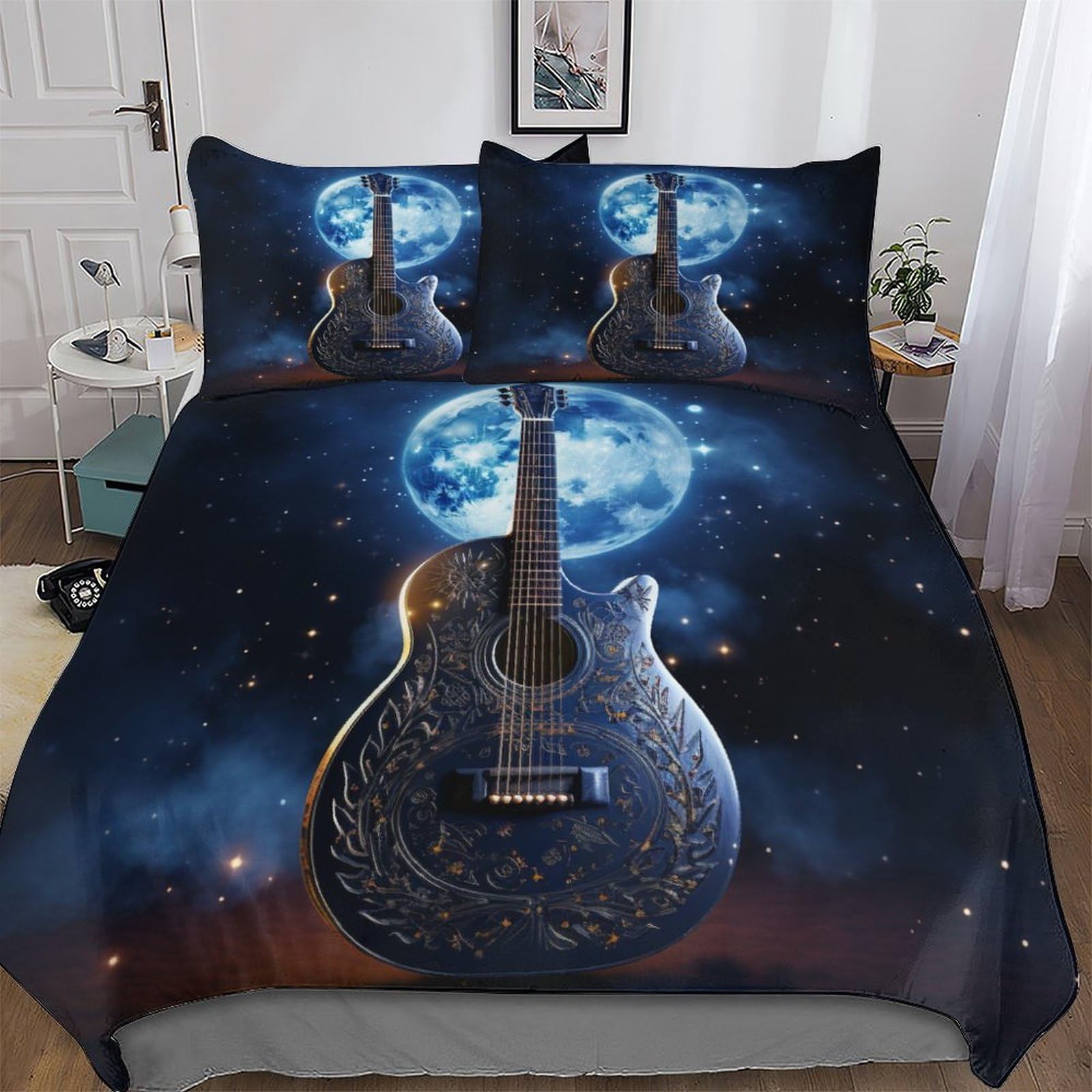 Housse de couette guitare microfibre coton douce parure de lit double 200x200cm enfants