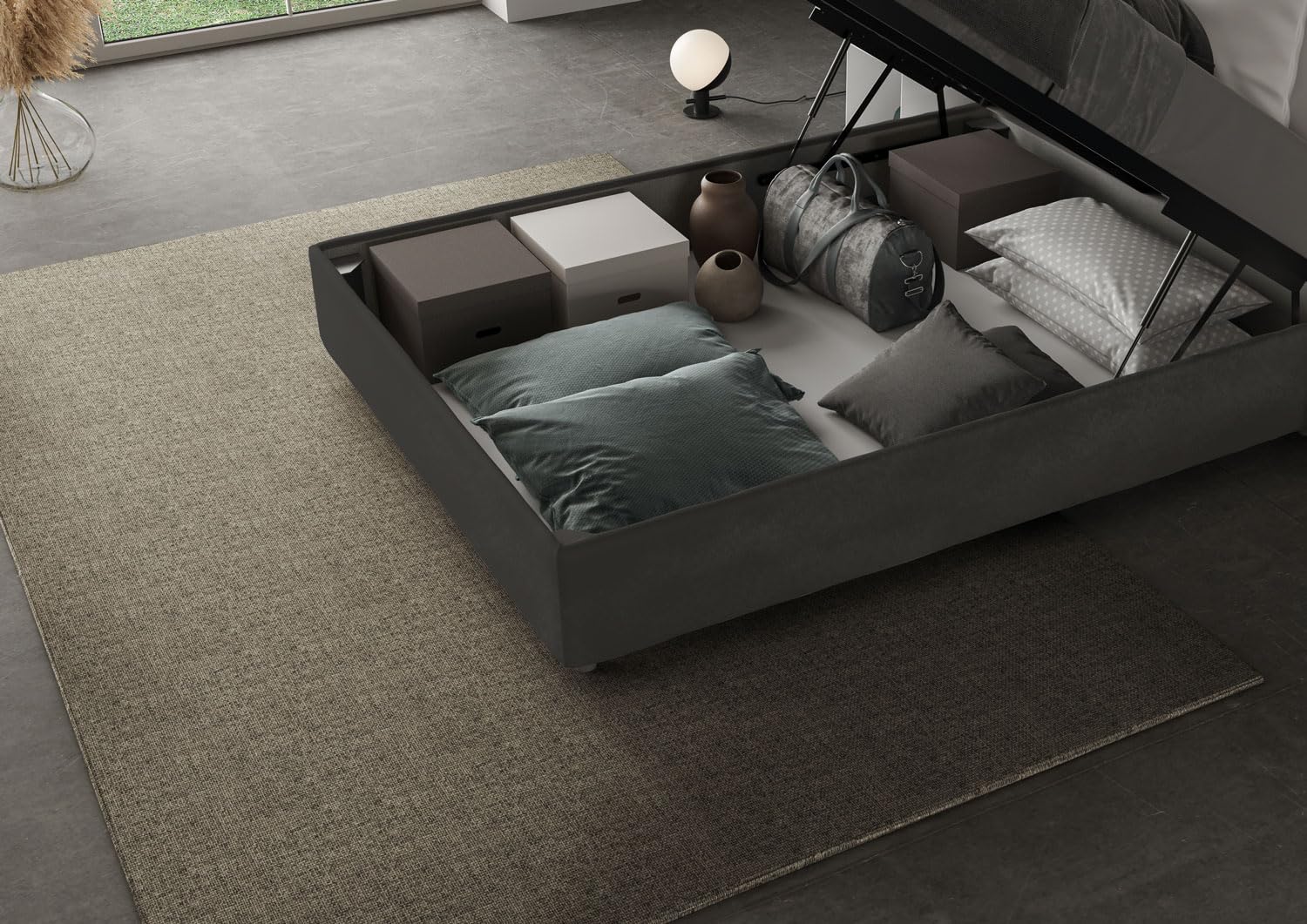 Letto Queen Size in Microfibra Grigio Mika con contenitore imbottito 120x190