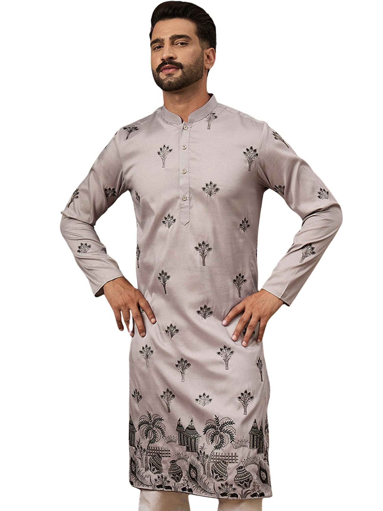 ethnic bay Men's Grey Silk Blend Solid Embroidered Calf Length Kurta's | Embroidered Kurta for Men | Straight Fit Kurtas for Mens-picture-28